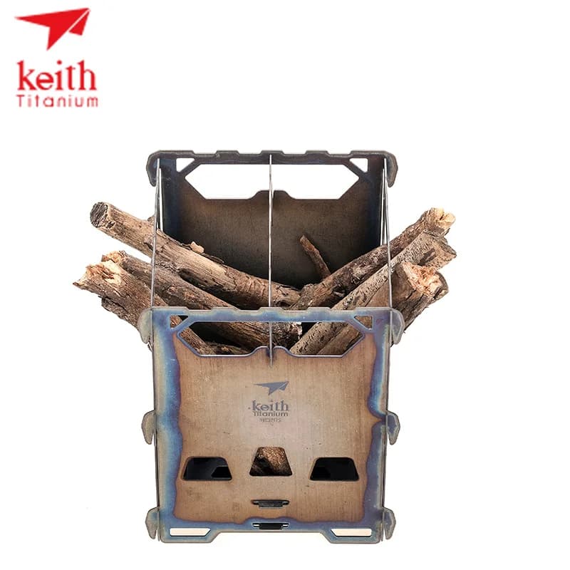 Fornello a Legna in Lega di Titanio KEITH, Fornello da Campeggio Ultraleggero 315g Pieghevole, Fornello Portatile per Escursionismo e Bushcraft con Borsa per il Trasporto