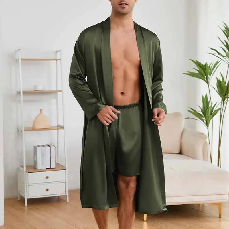 Men Solid Color Kimono Gown Suit 2 Pcs Robe & Shorts Sleep Set Thin Casual Silk Homewear Bathrobe Best Man Groom Wedding Robe