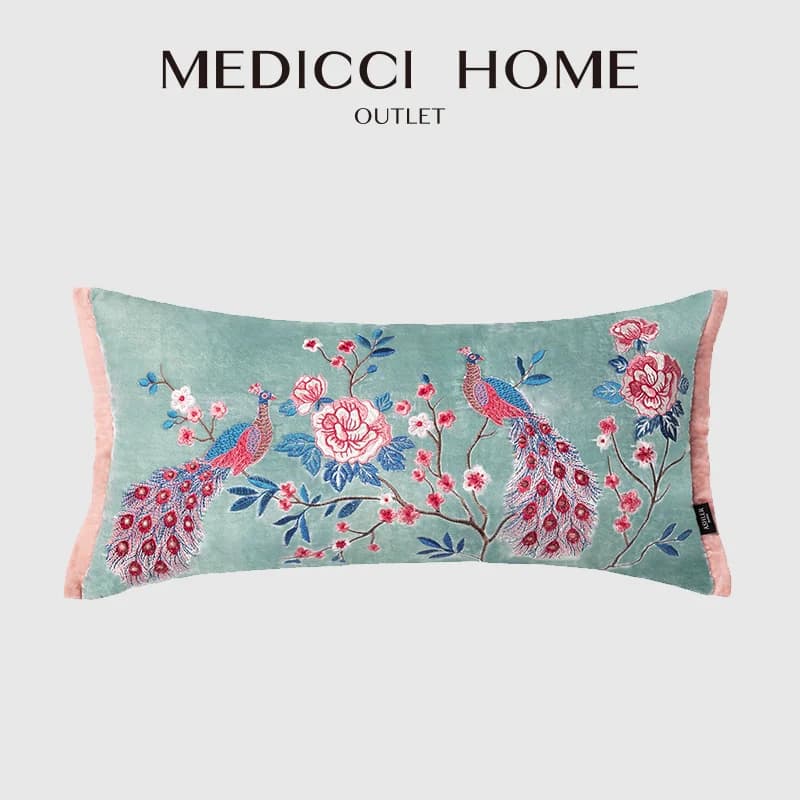 Medicci Home Splendid Peacock Peony Flower ricamo fodera per cuscino lombare federa per cuscino rettangolare fatta a mano di lusso per Villa Hotel