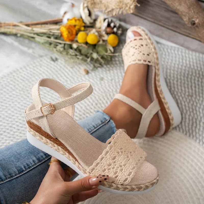 Women Lace Wedge Sandals Espadrille Platform Peep Toe Ankle Strap Summer Casual Shoes Comfortable Outdoor Beach Walking Dressy