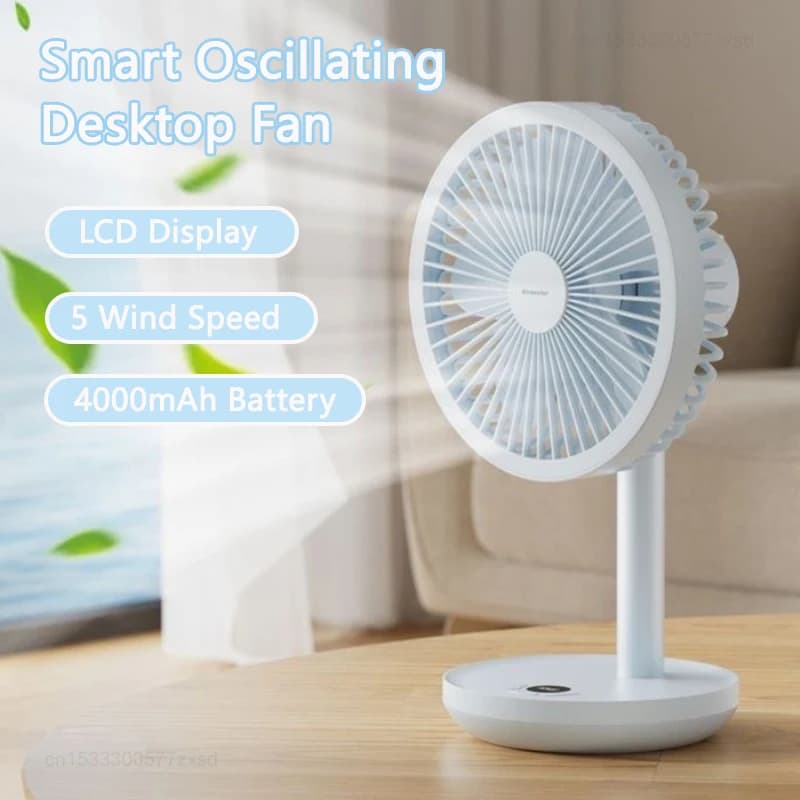 NUOVO Ventilatore da Tavolo Oscillante Intelligente 4000mAh, 5 Velocità, Silenzioso, Portatile, Ricaricabile con Timer e Display LCD per Casa e Ufficio