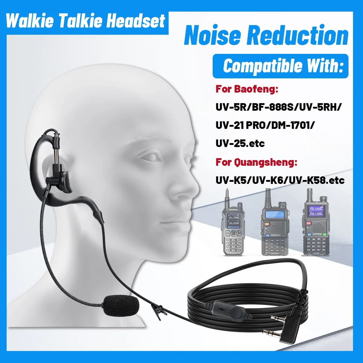 ABBREE Professional 2 Pin PTT Earpiece Headset Clear Audio Walkie Talkie Accessory for BF-888S UV-5R 5RM Referee Online Use