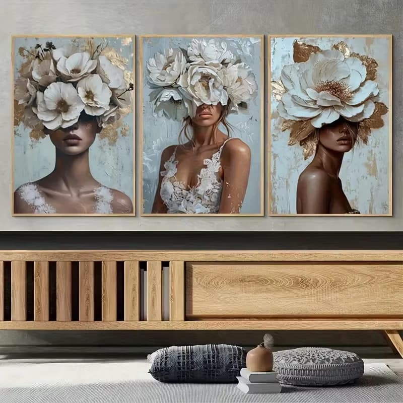 3pcs Beautiful Women Flower Canvas Pictures Wall Art Paintings, Posters, Printed Materials, Modern Abstract Room Home Decoration
