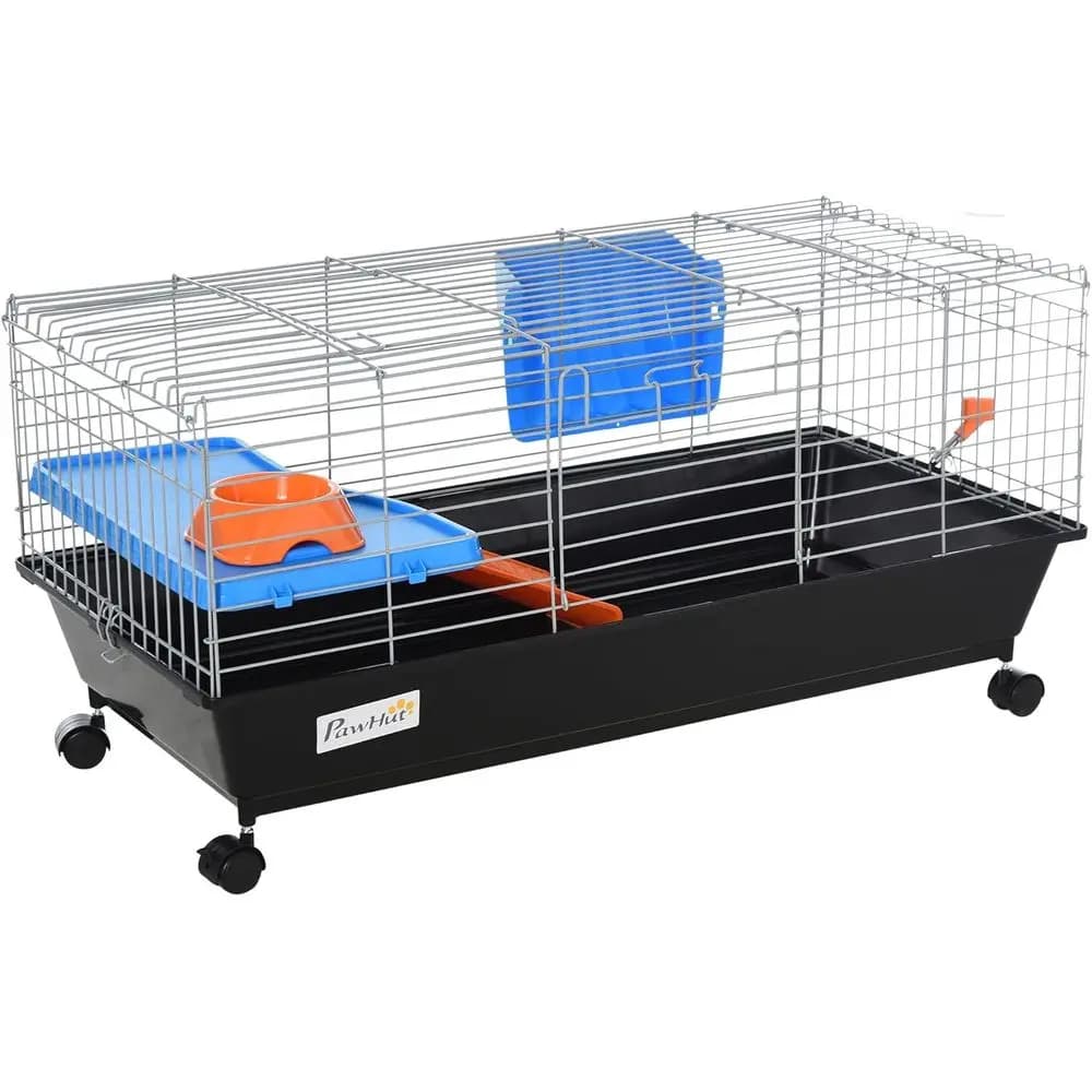Gabbia per Piccoli Animali con Ruote da 35 L, con Ciotola per Cibo, Bottiglia d'Acqua, Mangiatoia per Fieno, Piattaforma per Porcellini d'India e Chinchilla, Nera