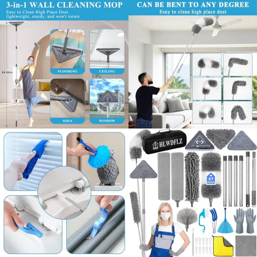 Kit Spolverino in Microfibra con Asta Estensibile da 30 a 100 Pollici e Mop per Pulizia Pareti, Spolverino Lavabile e Flessibile per Pulizie