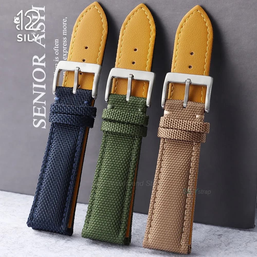 20mm 22mm Nylon Canvas Sport Watch Band Leather Sailcloth Waterproof Watch Strap Smartwatch Bracelet Men Women Replace Wristbelt