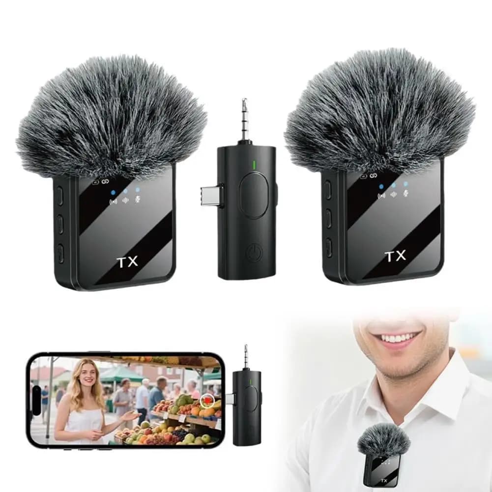 Microfono Lavalier Wireless per Apple e Android con Cancellazione del Rumore, Clip-On Ricaricabile Portatile per Podcast