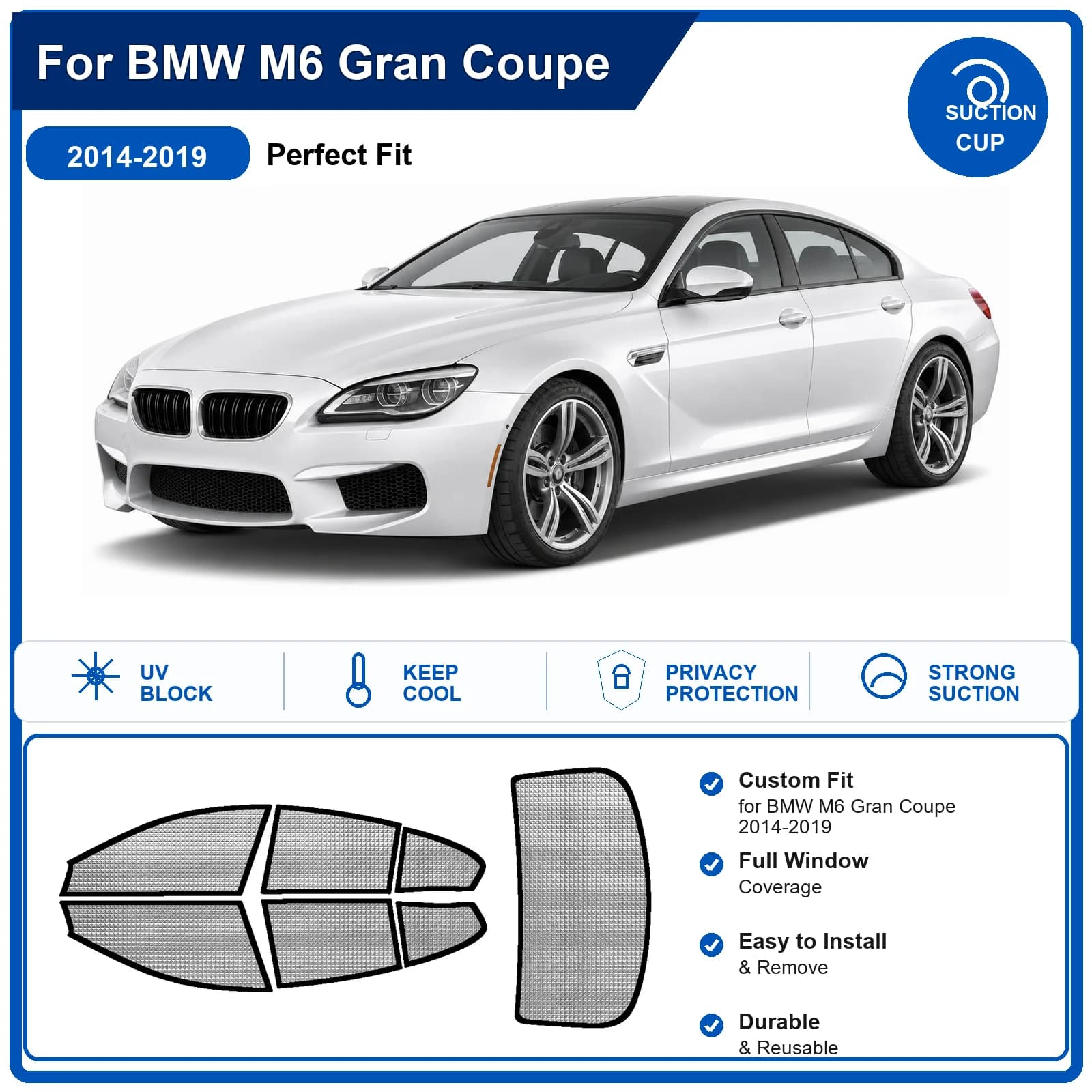 For BMW M6 Gran Coupe 2014-2019 Custom Full Set Windshield Sun Shade Aluminum Foil Heat Insulation Anti UV Foldable