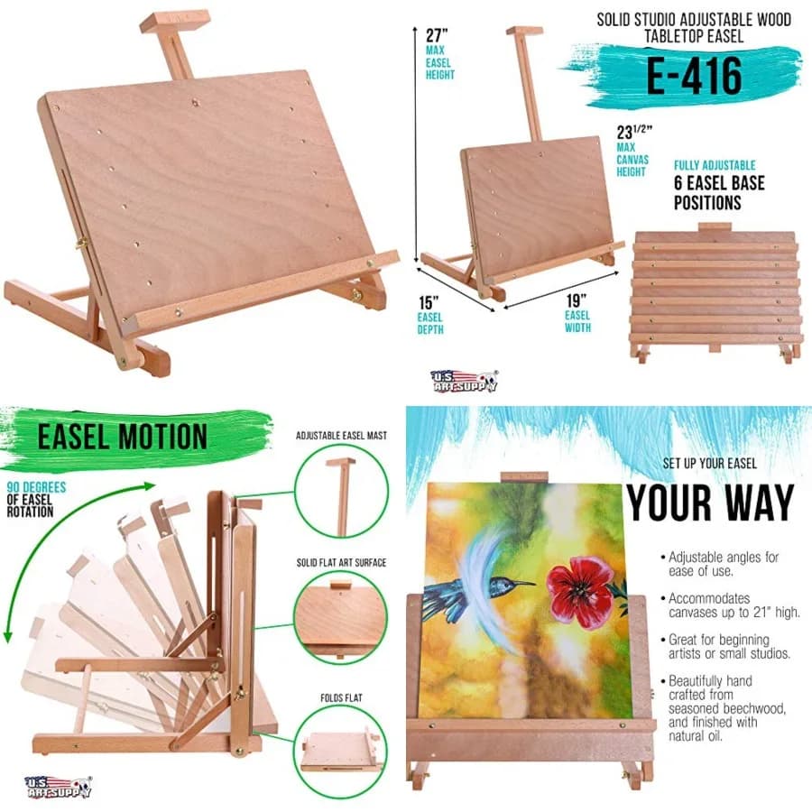 Cavalletto da Tavolo in Legno Massello Cancun - Tavolo da Disegno per Studio Artistico, Tavolo da Disegno Portatile, Tavolo Regolabile per Arte, Supporto per Tablet