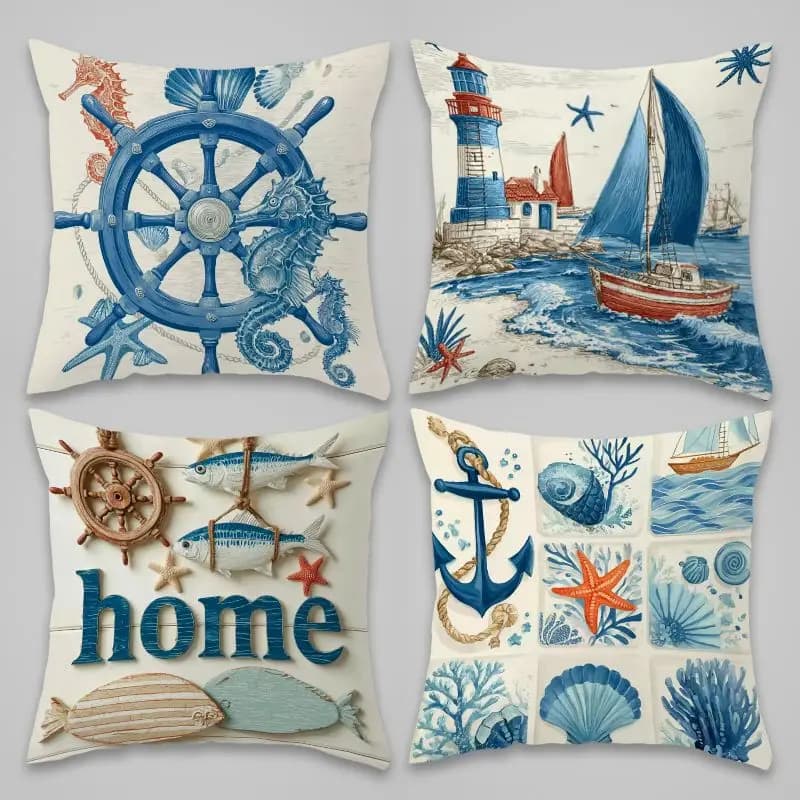 Nautical Coastal Pillowcase Set of 4 Ocean Decor Throw Pillows Beach Lighthouse Anchor Marine Art