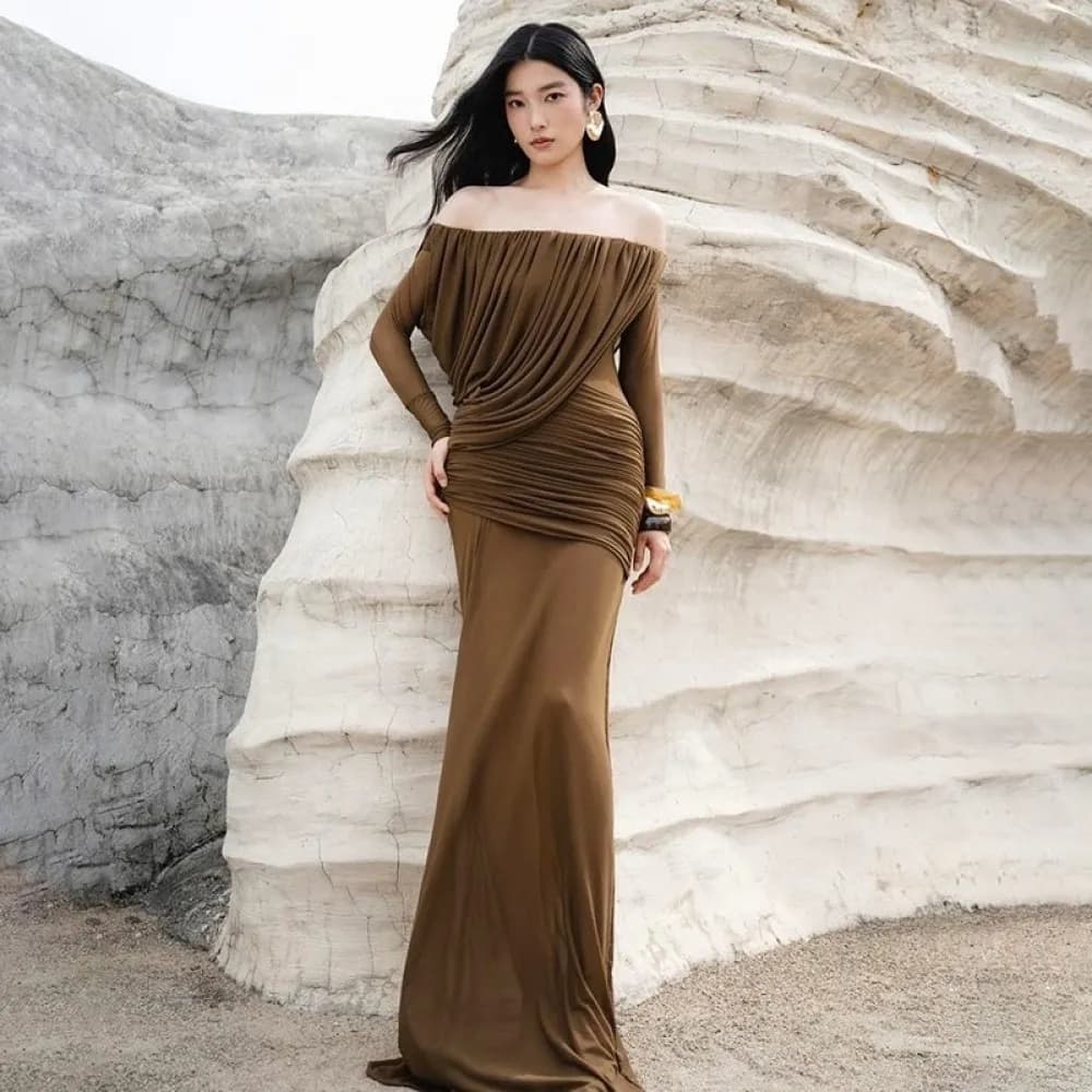 SylCue Increspato Elegante Abito Lungo Donna Slash Neck Backless Mesh Patchwork Manica Lunga Skinny Robe Midnight Prom Party Abiti