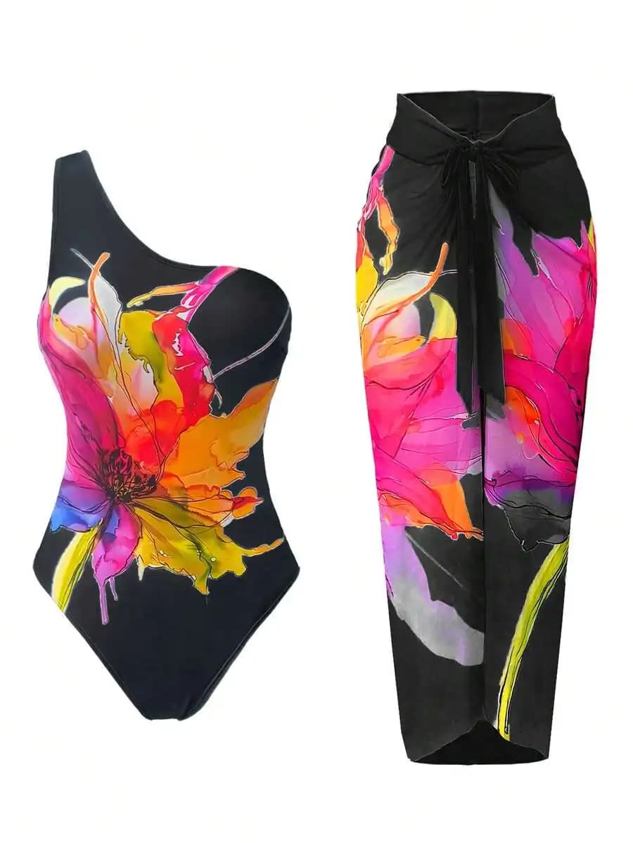 Costume da bagno intero da donna con gonna sarong con stampa floreale, costume da bagno per vacanze al mare