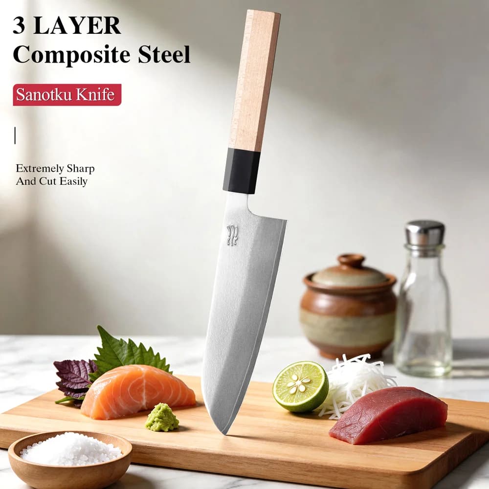 7" Japanese High-quality Santoku Knife 3-layer Composite Steel Professional Kitchen Chef Knife Handmade Cooking kitchenware