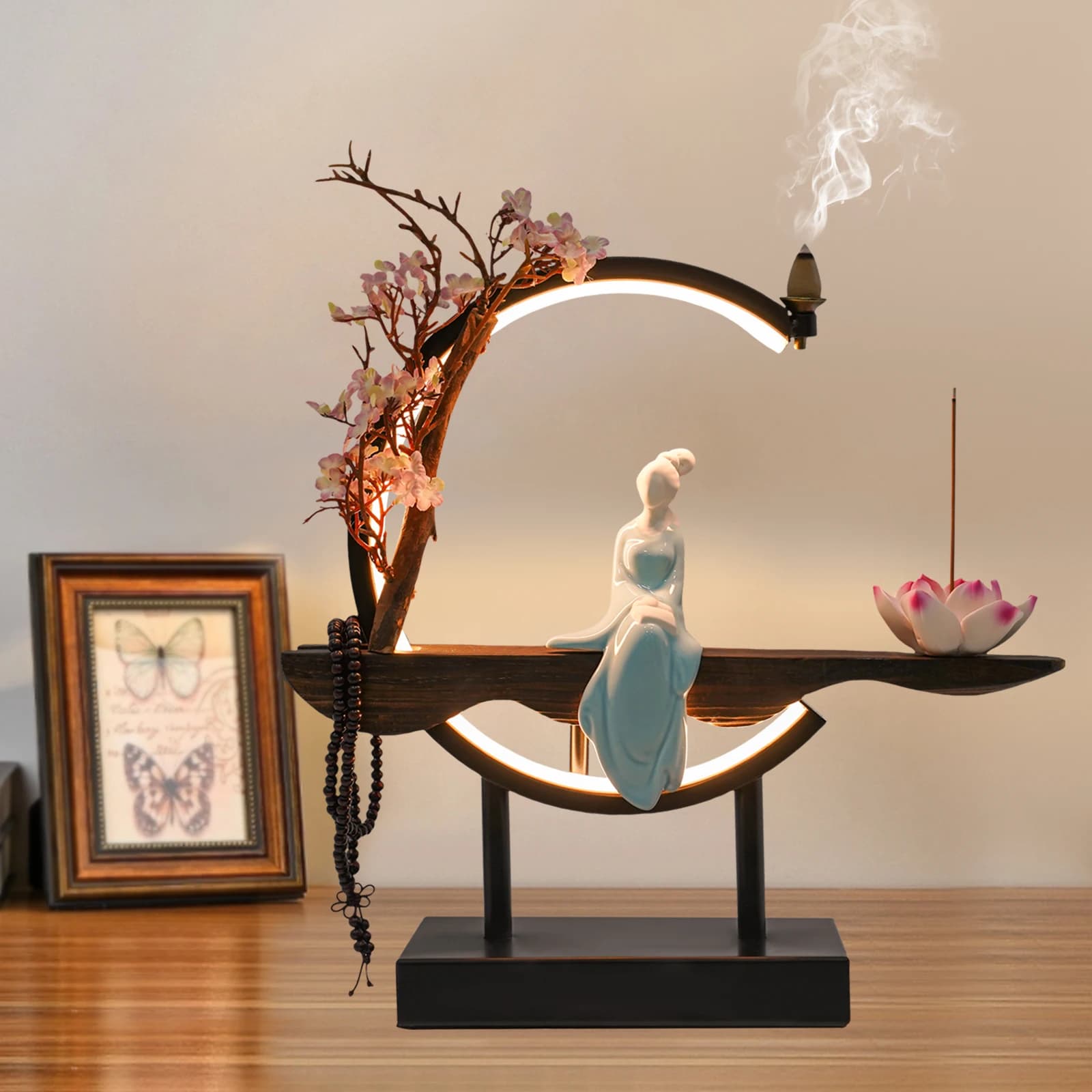 Bruciatore di incenso a riflusso Porta bastoncini di cono di incenso Decorazione in ferro Porcellana indipendente 32 * 10 * 35 cm per casa, ufficio