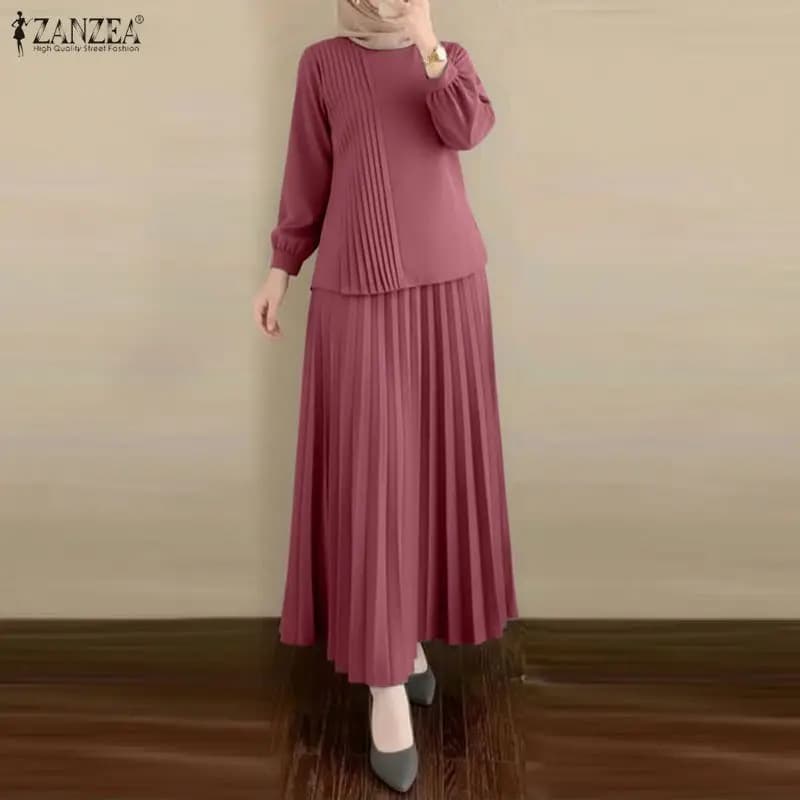 2026 ZANZEA Elegante Completo Musulmano 2 Pezzi Dubai Hijab Tuta Estiva Donna Maniche Lunghe Top Vestito Abito Abiti Ramadan Oversize