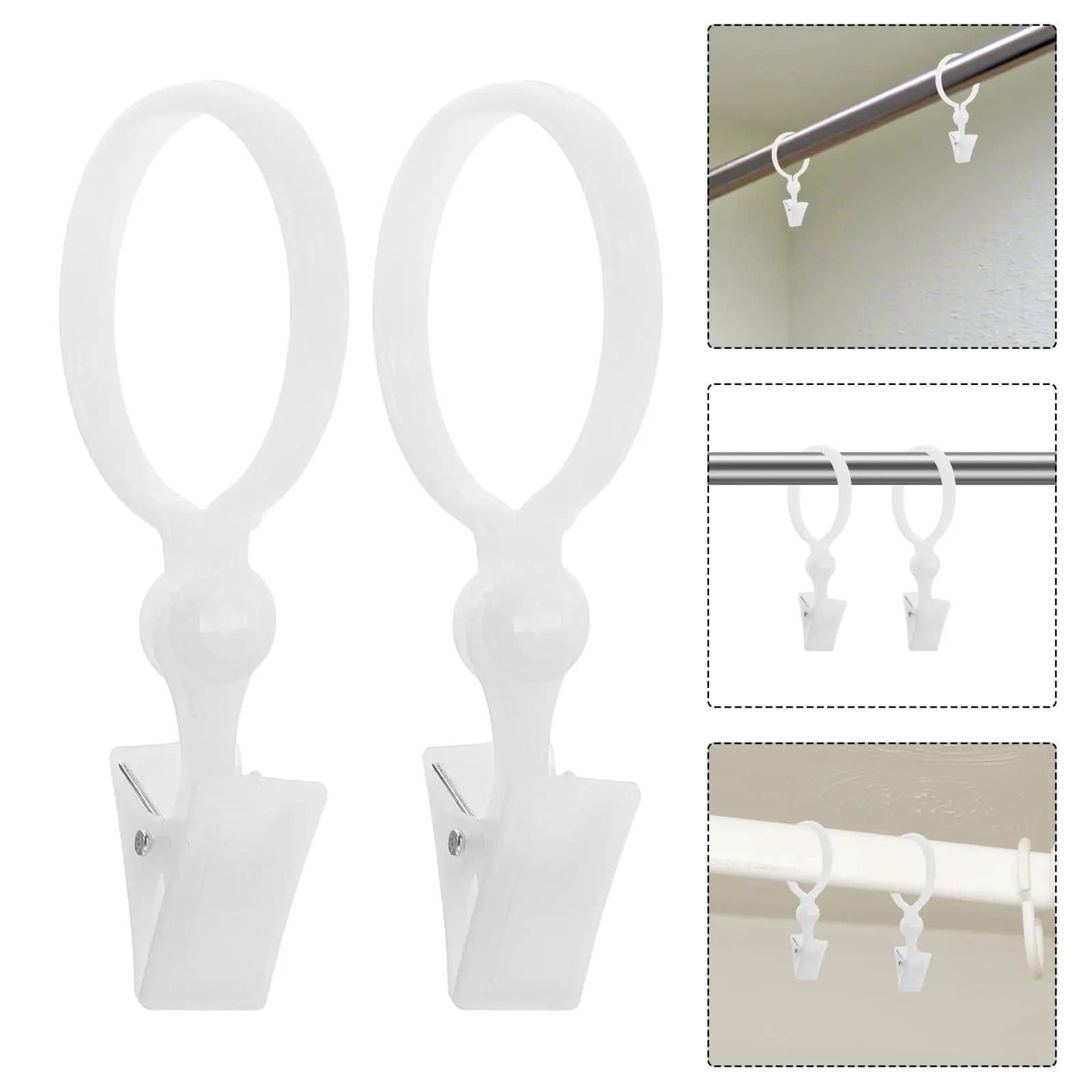 100Pcs Curtain Rings with Clips White Plastic Drapery Hangers for Rods Roman Pole No Damage Home Decoration