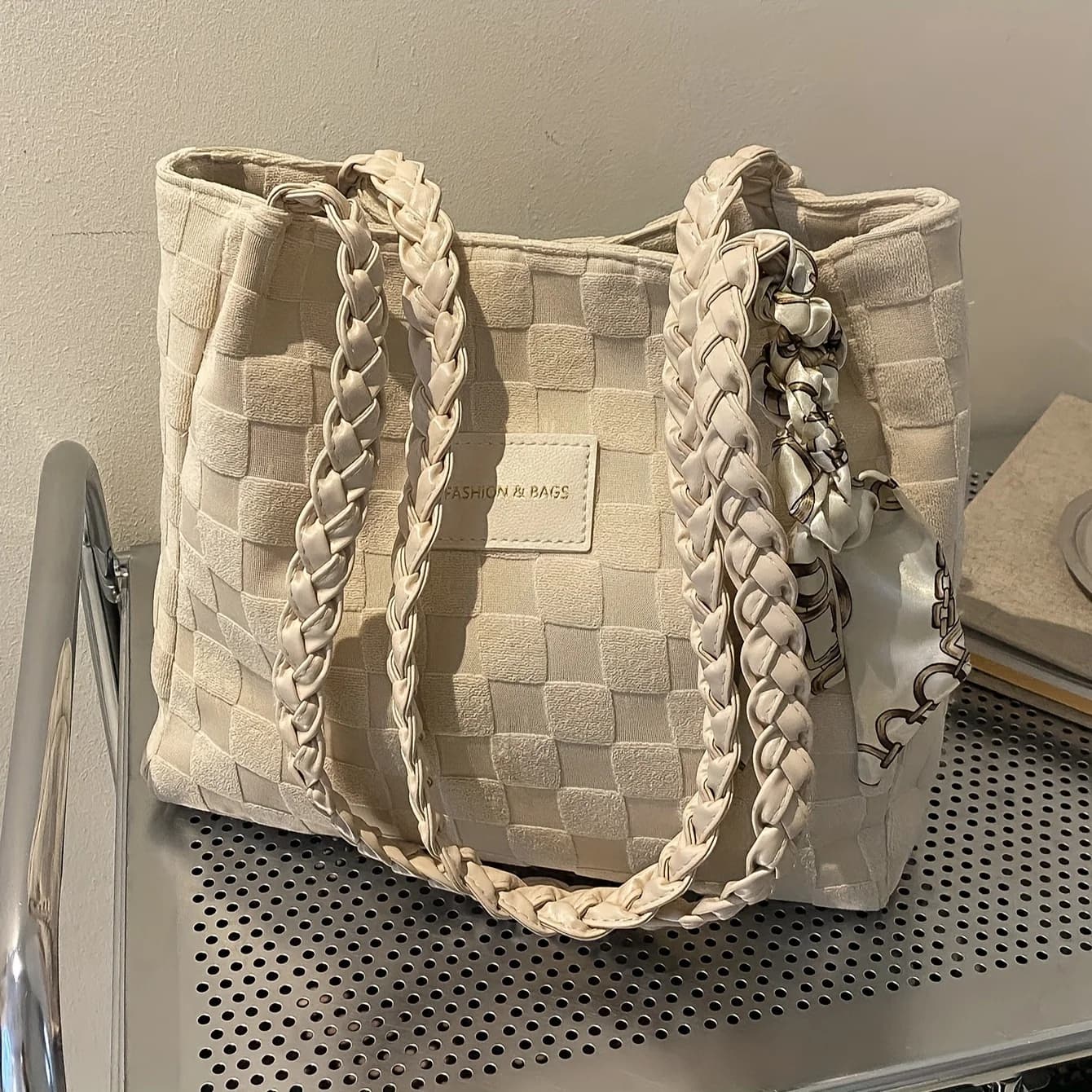 Borsa tote da donna casual con motivo scozzese, borsa a tracolla per pendolari in tinta unita con decorazioni per sciarpe
