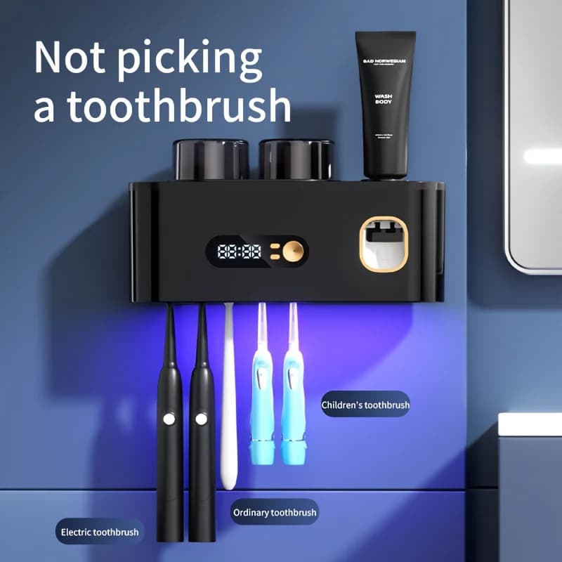 1 spazzolino intelligente con 2 tazze, distributore automatico di dentifricio, portaspazzole a 5 slot, display dell'orologio con batteria al litio USB