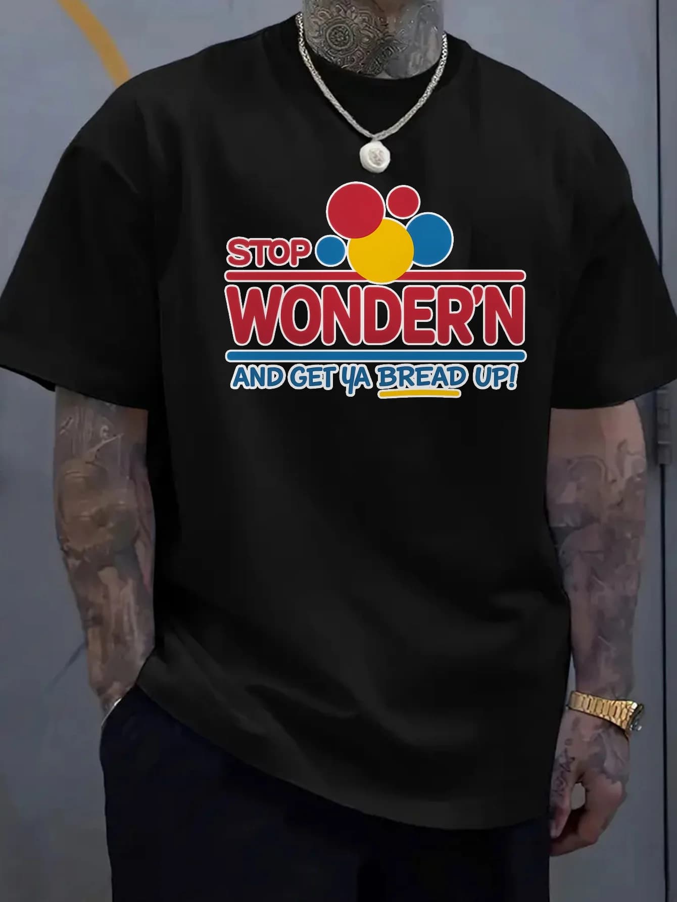 T-shirt da uomo in puro cotone con stampa grafica Stop Wondering e Get a Bread Up, manica corta traspirante