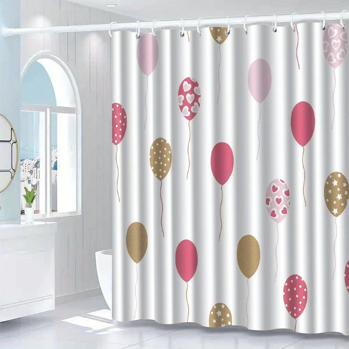 Tenda da doccia con motivo a palloncino rosso - Decorazioni stravaganti per la casa, poliestere, lavabile in lavatrice, include ganci, separatore per il bagno