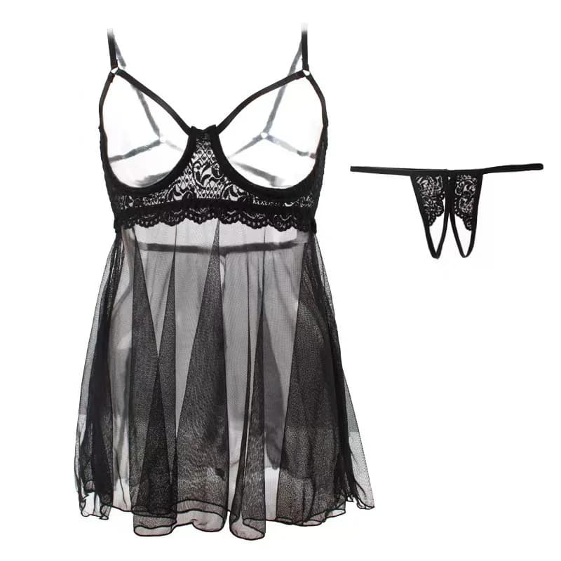 Plus Size Women Sexy Open Cup Exposed Chest Lingerie Dress See-through Mesh Lace Trim Babydolls Chemises with G-string Sleepwear