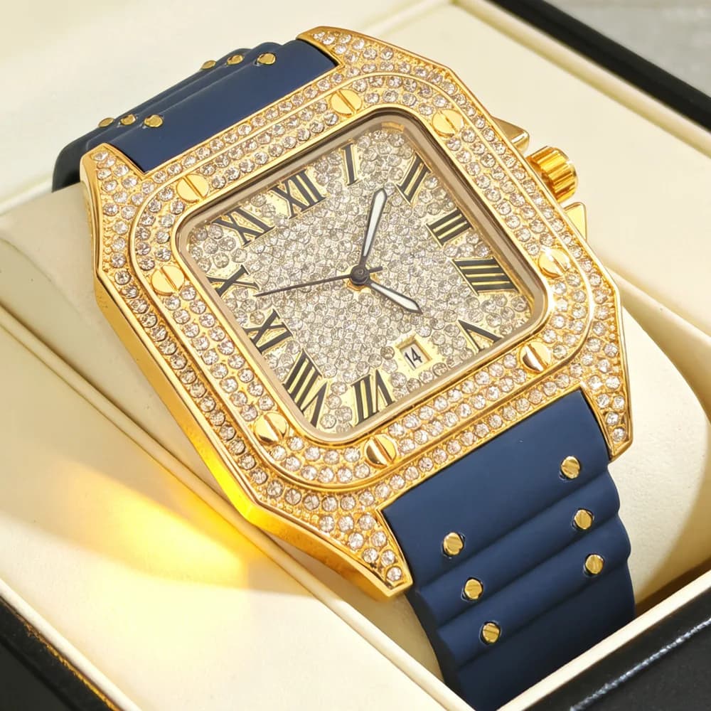 Hot Fashion Square Full Diamond Quartz Watch Men Rubber Strap Hip Hop Iced Out Bling Jewelry Wristwatch Man Clock Dropshipping