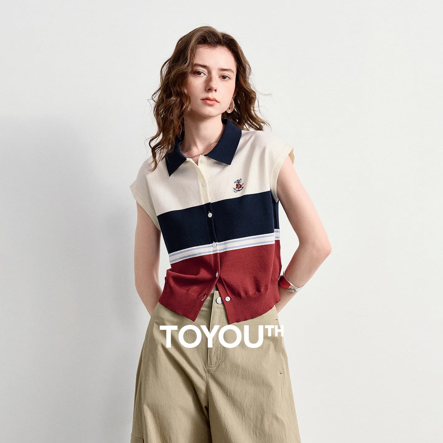 TOYOUTH Women Ice Silk Knit Polo Shirt 2026 Summer New Color Block Stripe Navy Style Nautical Pullover Tops