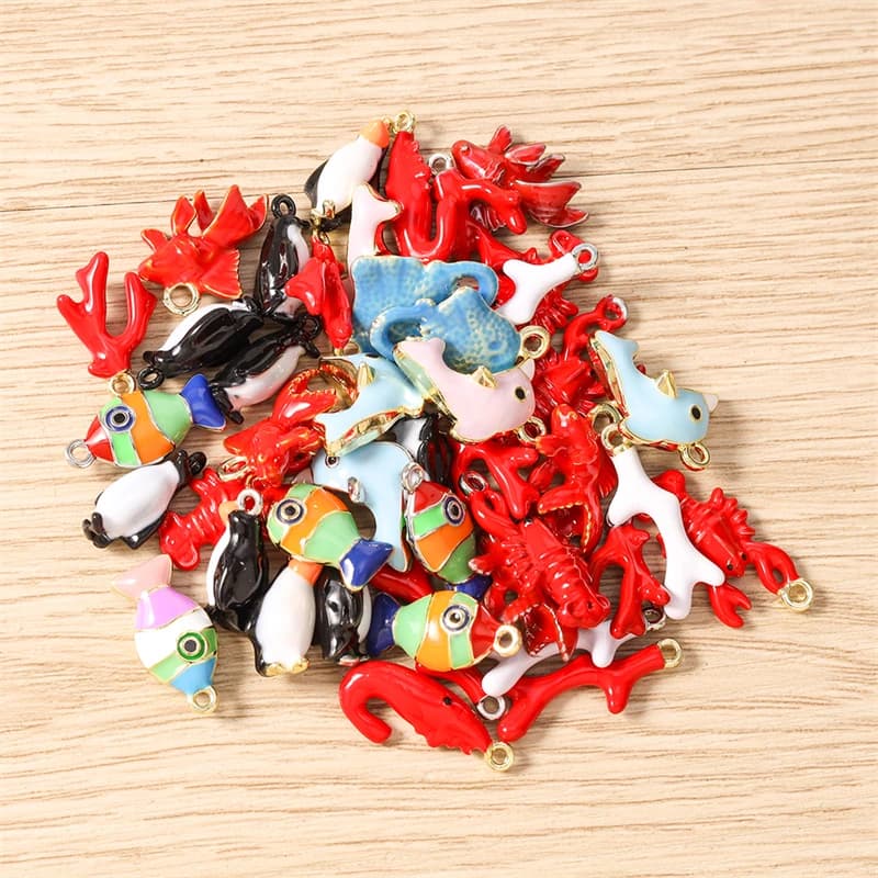 5pcs Cute Mix Enamel Marine Life Fish Lobster Coral Charms Pendants for Making Earrings Necklaces DIY Crafts Jewelry Accessories