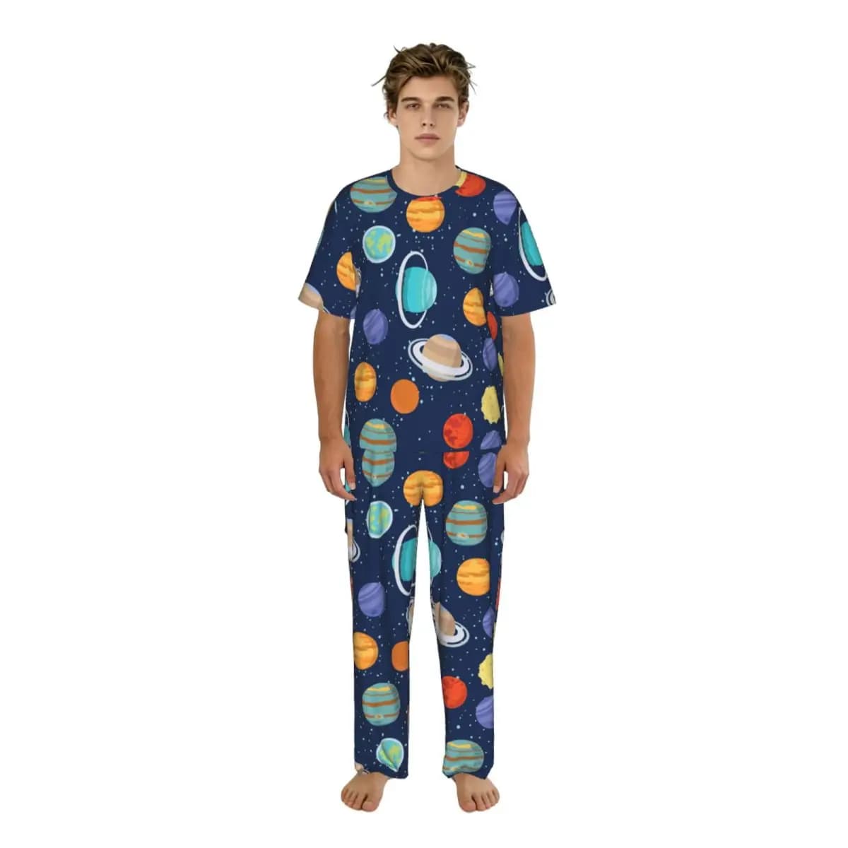 Pigiama casual da uomo, set di pantaloni e maglietta a maniche corte, abbigliamento da notte maschile, astronauta, terra, Saturno, razzi e stelle, abbigliamento per la casa