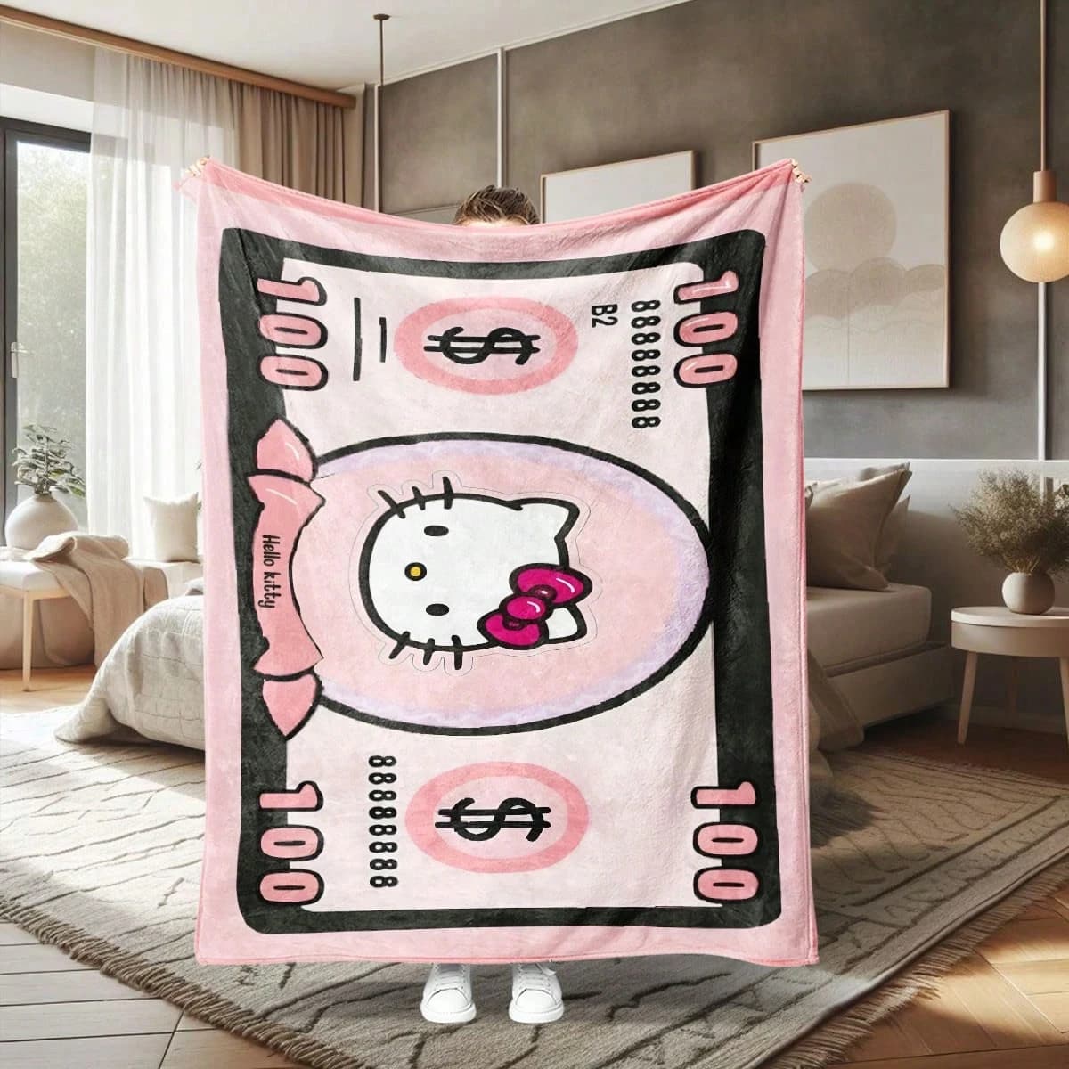 Coperta in flanella rosa Hello Kitty con stampa su un solo lato, in peluche, per casa, camera da letto, divano, decorazione dallo stile originale, regalo per bambini e ragazzi