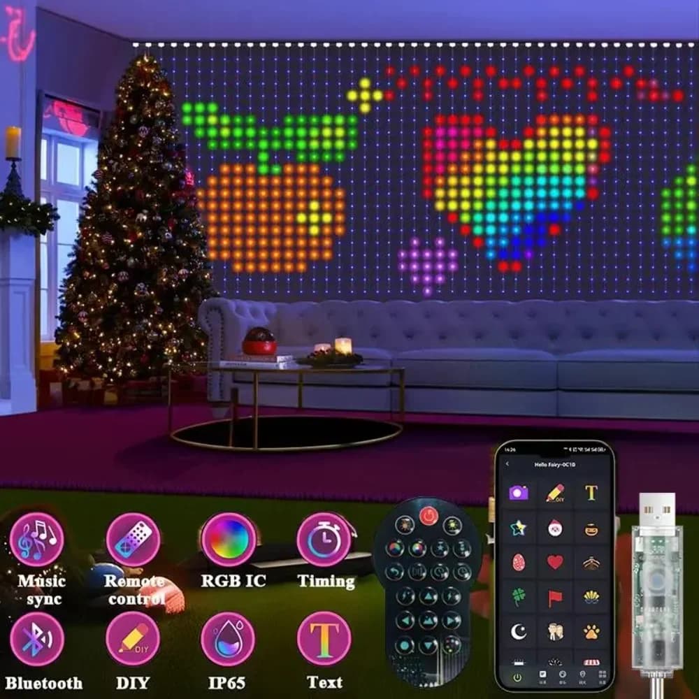 Tenda Luminosa LED Intelligente | IP65 RGB | Controllo tramite APP | Testo e motivi fai-da-te | Luci a Tema Fiabesco per Sfondo Tende e Decorazione Casa