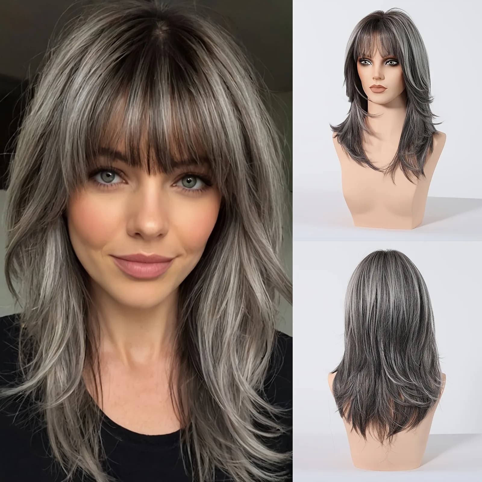 Parrucca sintetica alla moda con capelli ondulati di media lunghezza in stile mento, realizzata in fibre di capelli ad alta temperatura.
