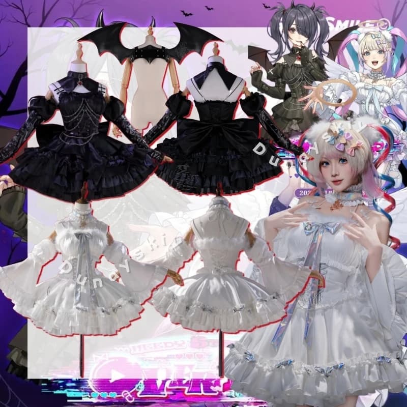 Cosplay Dress Needy Girl Overdose KAngel Rain Ame Twin Outfits with Wig, Wing Back accessory, Lolita dress with necklace, Complete Set with bow