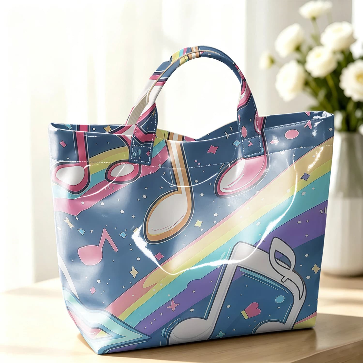 Music Note Stylish Large Glossy PVC Tote Bag Washable Waterproof Durable Ideal for Travel Commute Cosmetics Books Handbags