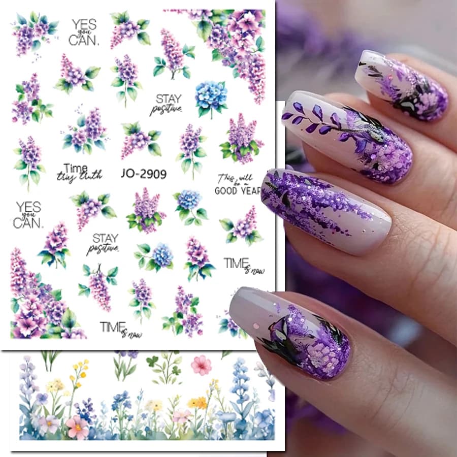 Decalcomanie per nail art 3d Viola in fiore primaverile Lavenders Viola Blu Rosa Fiori Farfalle Adesivi Decorazione per punte delle unghie Bellezza