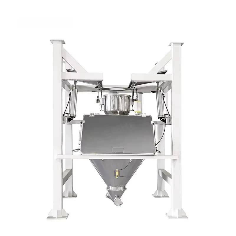 Feeding and unloading of small dustless bags for handling granules of cleansing flour protein powder