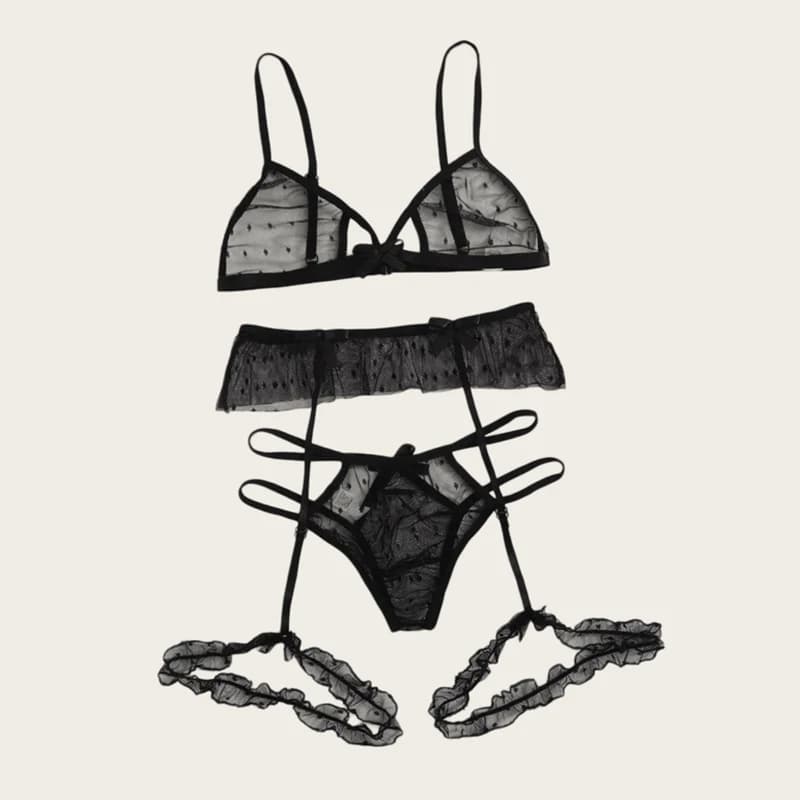 Set reggiseno da donna sexy in rete, lingerie trasparente a pois, reggiseno traforato + giarrettiera + perizoma, set di biancheria intima 3 pezzi.