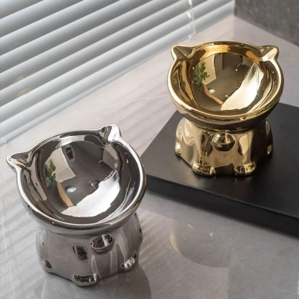 Cat Shaped Ceramic Cat Bowl Anti-Spill high leg Elevated Pet Food Feeder Neck Protection Slanted Cat Water Bowl Pet Supplies