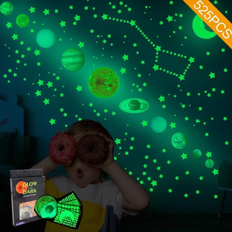 525 pz scatola imballata luminoso nove pianeti Wall Sticker per bambini camera da letto soggiorno Glow In The Dark fai da te Party Home Decor