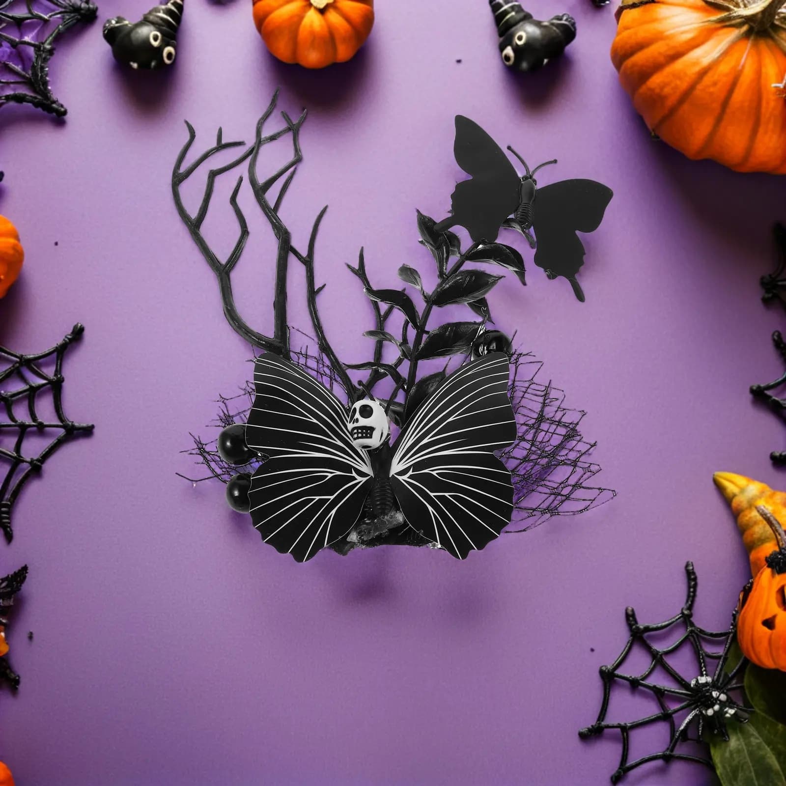 4Pcs Halloween Spider Web Hair Accessories Black Butterfly Hair Clips Gothic Horror Barrettes Punk Skull Party Headpieces