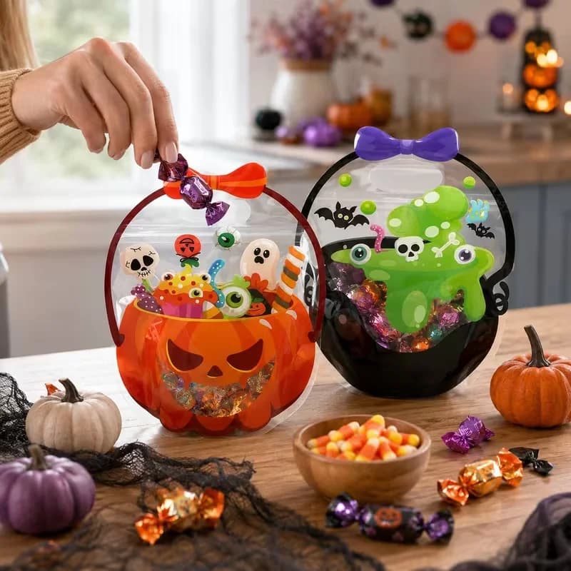1 Piece Orange Pumpkin, Green Pot Pattern Gift Packaging Bag, Halloween Party Gift Decoration, Halloween Party Supplies, Horror Theme Party Decoration, Halloween Themed Gift Candy Cookie Packaging Gift Bag, Children's Kindergarten Pumpkin Halloween Candy Tote Bag