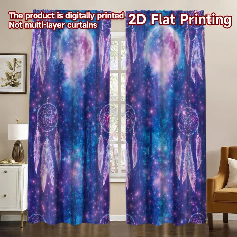 2D FLAT PRINTING 2pcs Curtains (Without Rod) Moonlit Dreamcatchers Sky Popular Curtain Fabric Polyester Easy Install Curtains