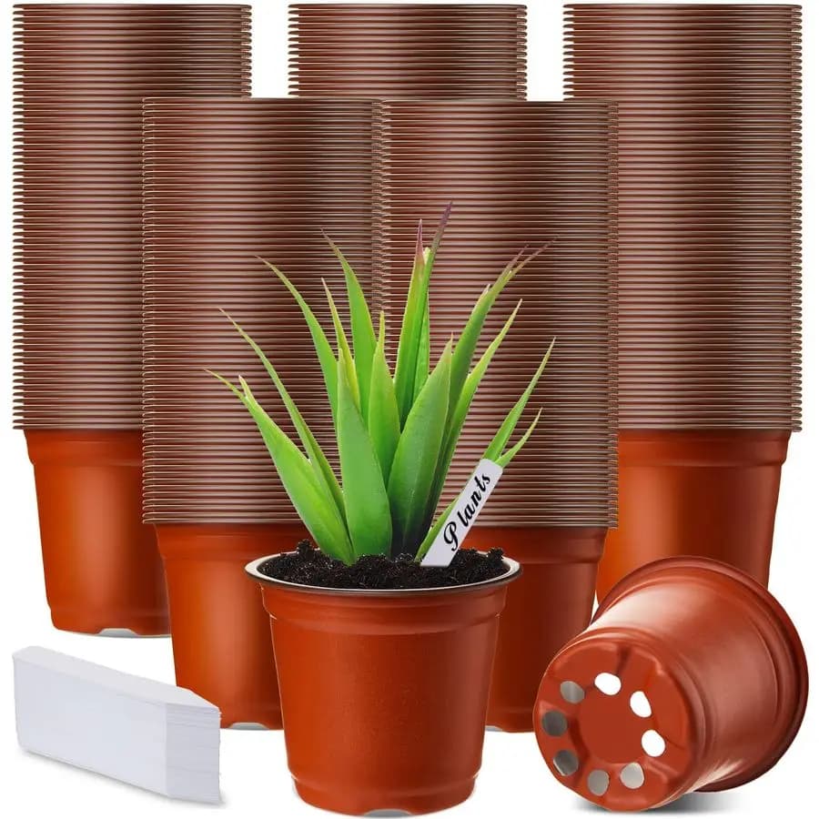 500 4 inch plastic nursery vessels with 500 plant labels, red, 3,94 x 3,35 x 2.56 inch, for indoor and outdoor, drainage holes, gar