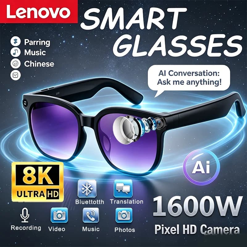 Lenovo Remote Control AI Smart Glasses 8K Camera Photo Recording Bluetooth5.4 Touch Translator Voice Assistant Wireless Sunglass