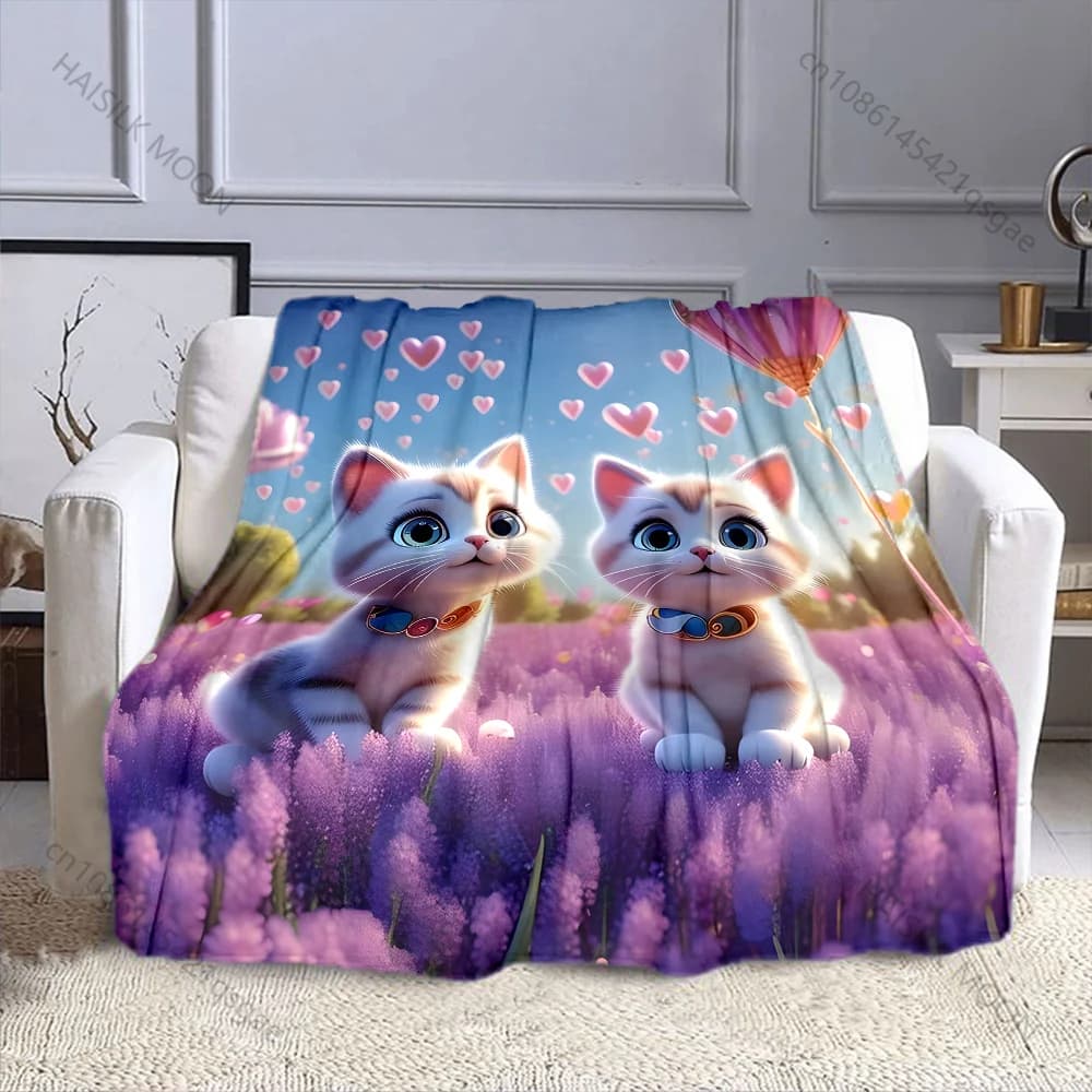 Coperta con stampa di due gattini e fiori viola calda e morbida per divano letto, casa, viaggio, campeggio, regali per le vacanze per tutte le stagioni
