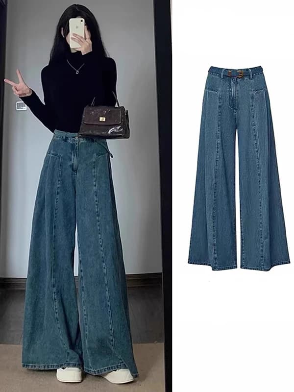 High Waist Wide Leg Denim Jeans Women's Spring Autumn New American Retro Long Pants Slimming Floor-Length plus Size