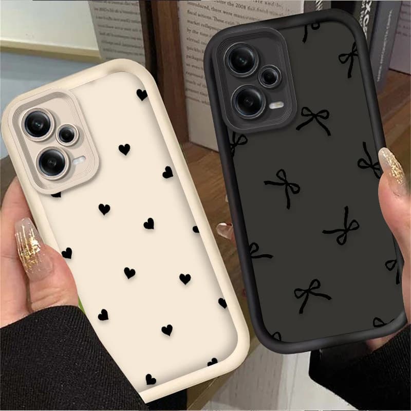 Black phone case with heart and bow for Xiaomi Redmi Note 13 14 14S 12 11 Pro Plus 5G 12S 11S 10S 10 9 Redmi 14C 13C 12C 12 4G