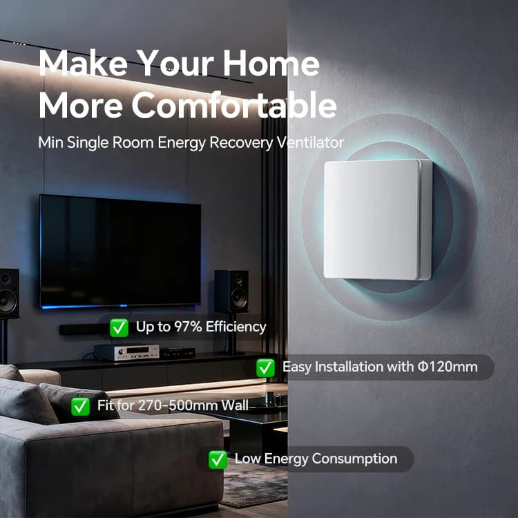 Wall Mounted ERV Tuya WiFi Fresh Air Purifier 25CMH Airflow Mechanical Ventilation for Tiny House Bedroom