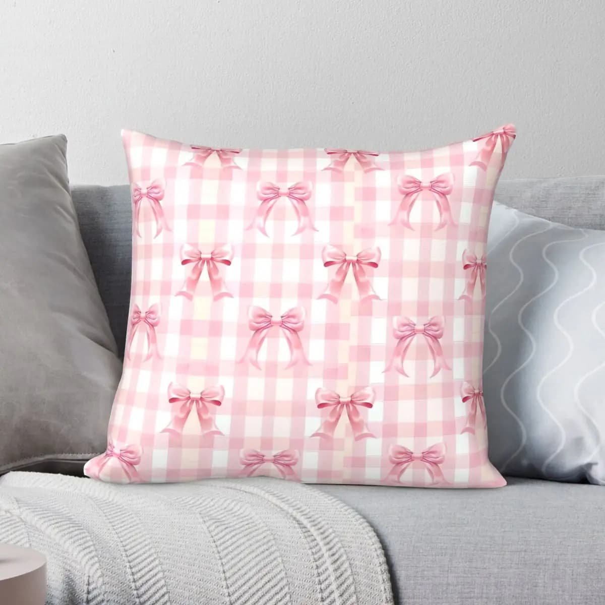 Fodera per cuscino decorativa 45x45 in poliestere, lino e velluto, rosa coquette con fiocco bianco, con cerniera, per divano