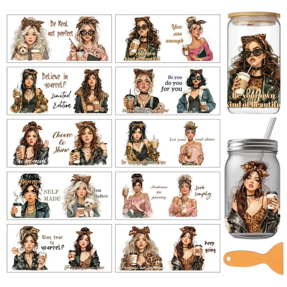 10Pcs 10 Styles PVC DIY Heat Transfer Paper for UV Sublimation Cup Human 240x110mm 1pc/style